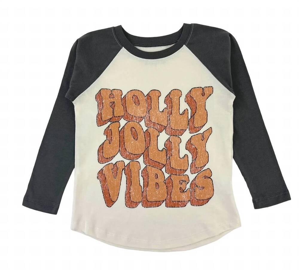 NEW TINY WHALES kids' holly jolly vibes long sleeve raglan top in ecru/ black